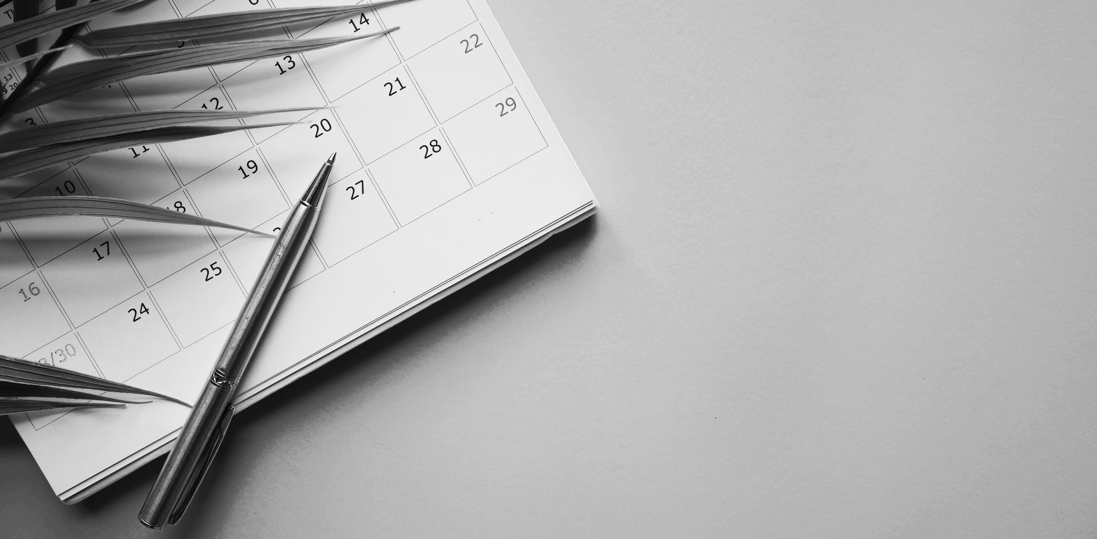 close up top view on white calendar with silver pen and tropical leaves on a gray table